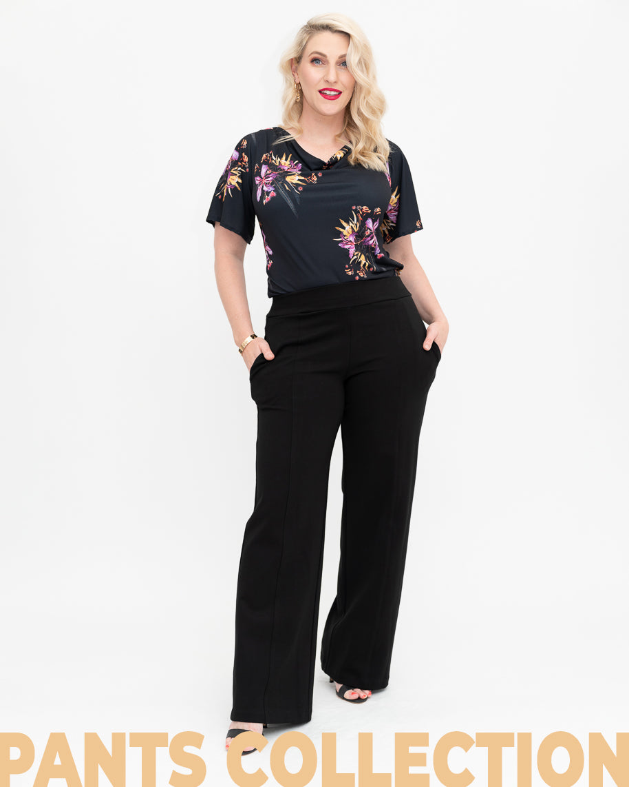 These gorgeous everyday pants are pull-on with a flat elastic waistband and fitted with pockets at the hip for easy wear.