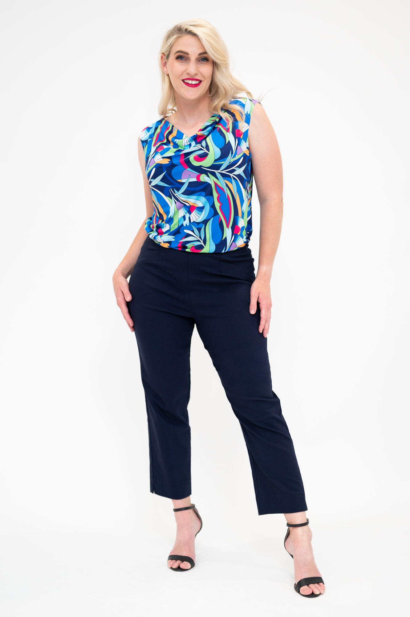 australian made cowl neck top in blue no sleeves