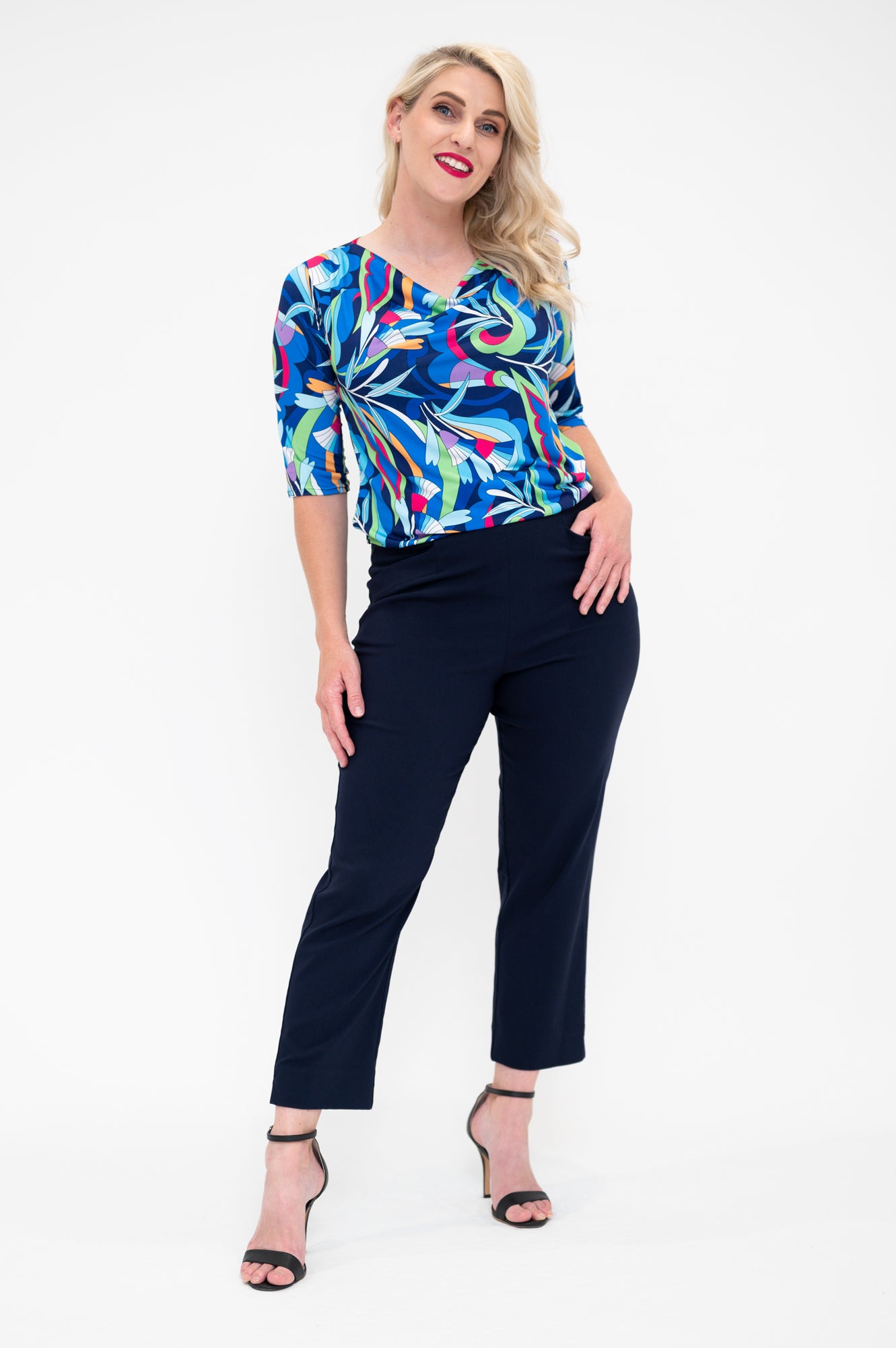 australian made cowl neck top in blue 3/4 sleeves