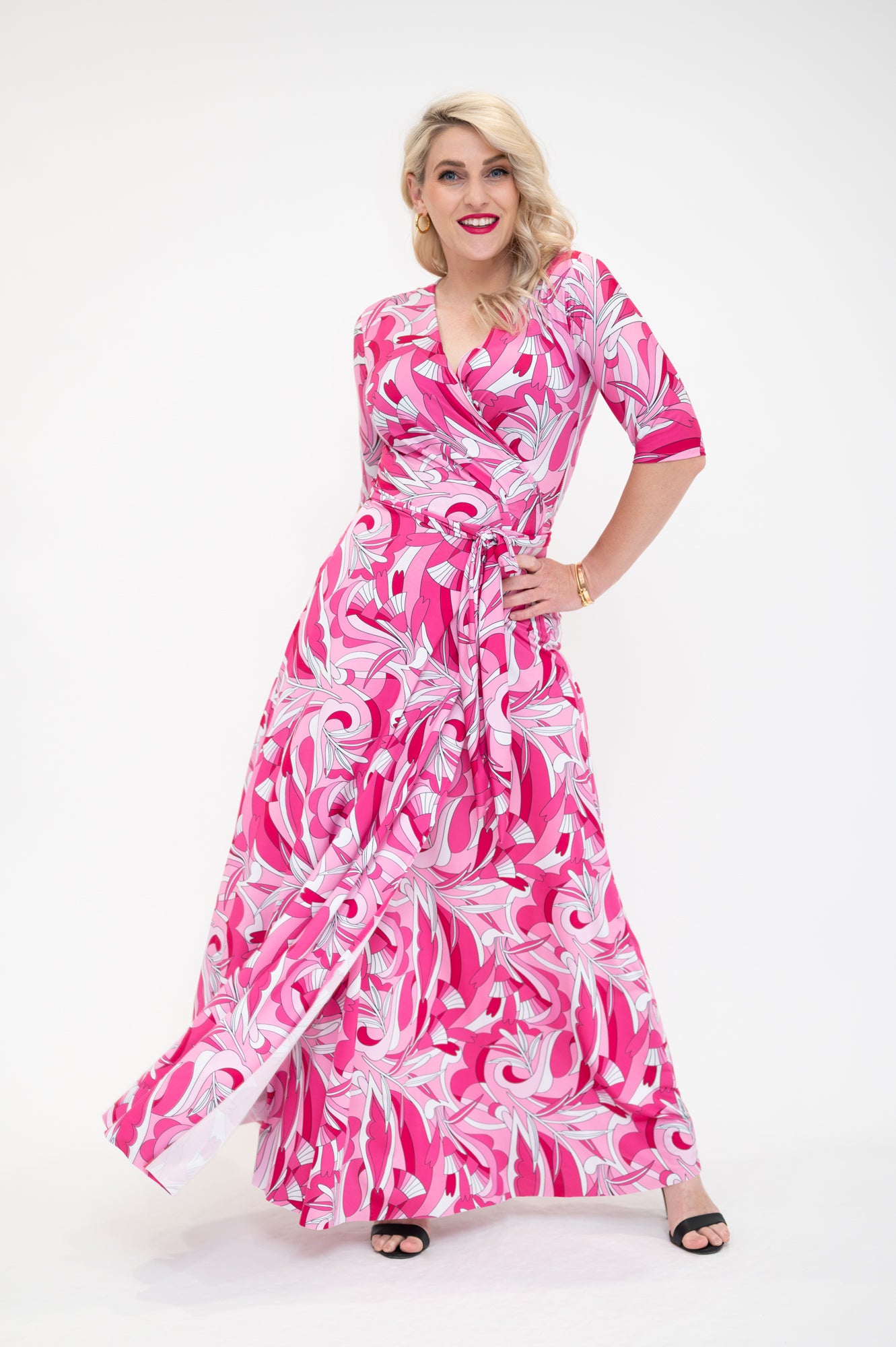 maxi wrap dress with 3/4 sleeves  pink