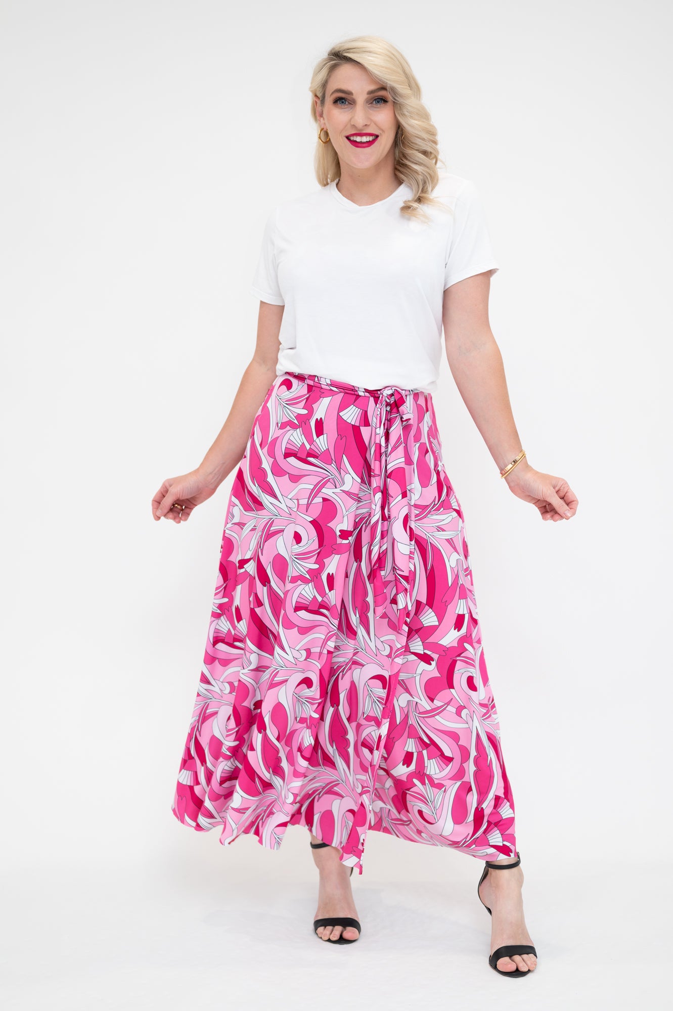 midi wrap skirt in pink retro floral with white t-shirt