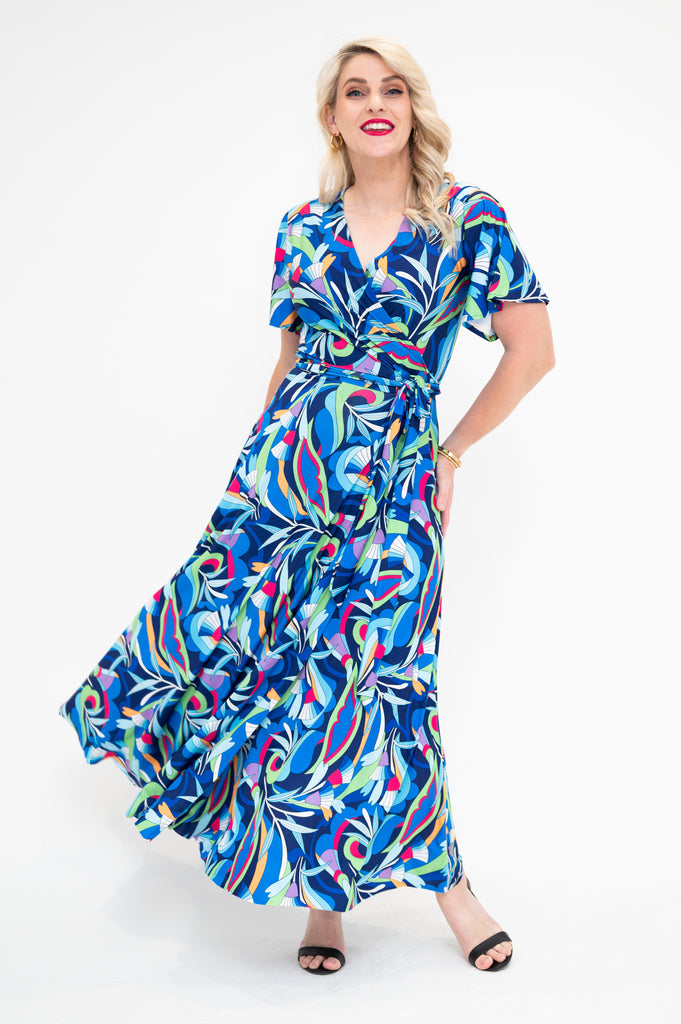 midi wrap dress with flutter sleeves  blue 