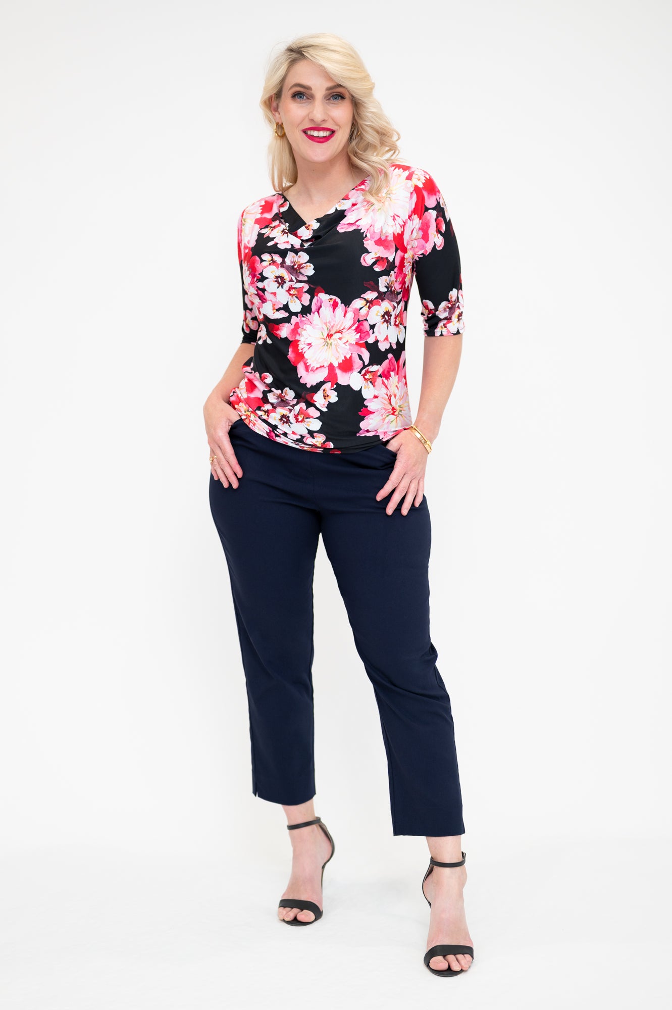 sleeveless cowl neck top front view