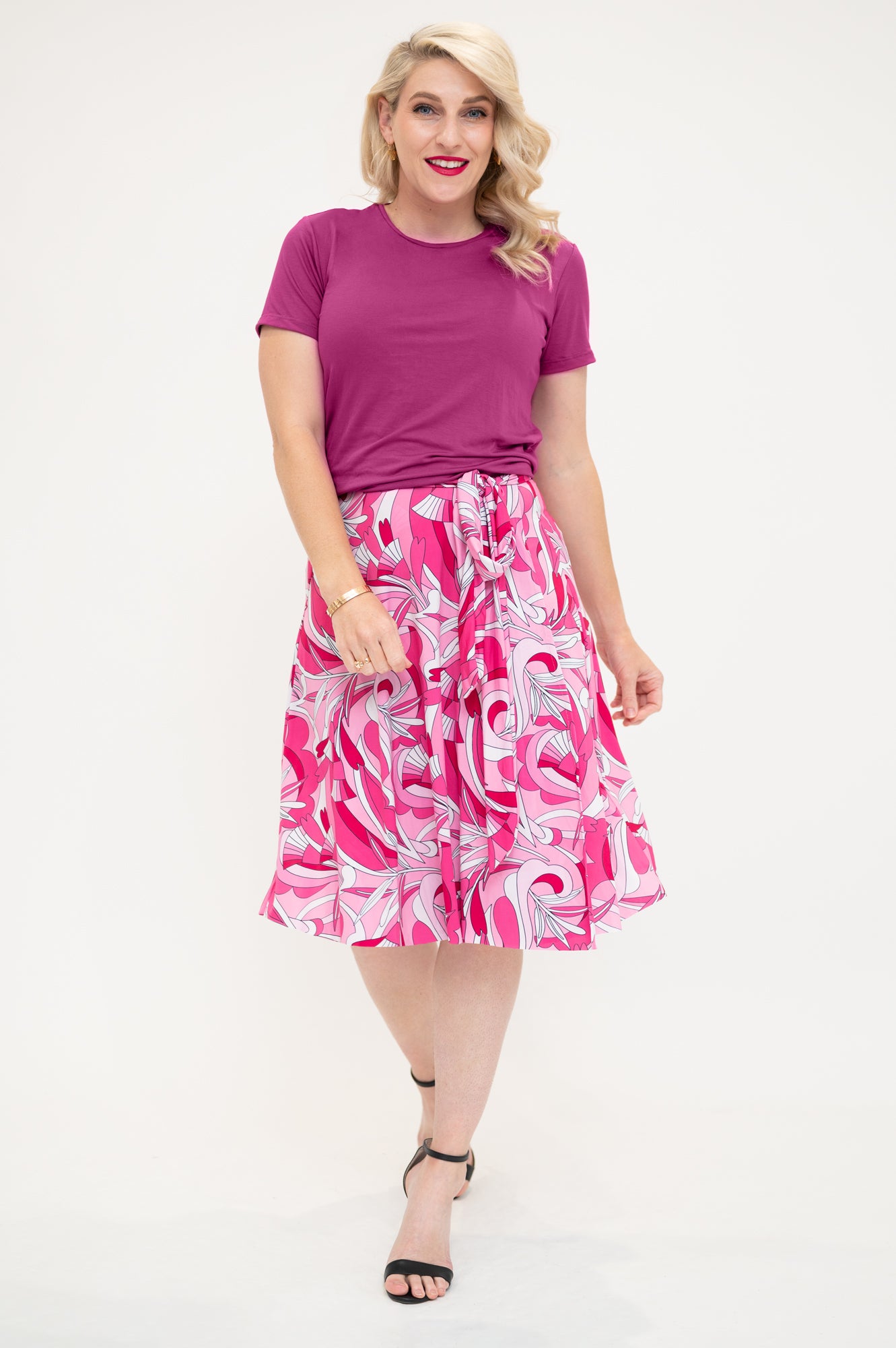 knee length wrap skirt in pink retro floral with mulbury t-shirt