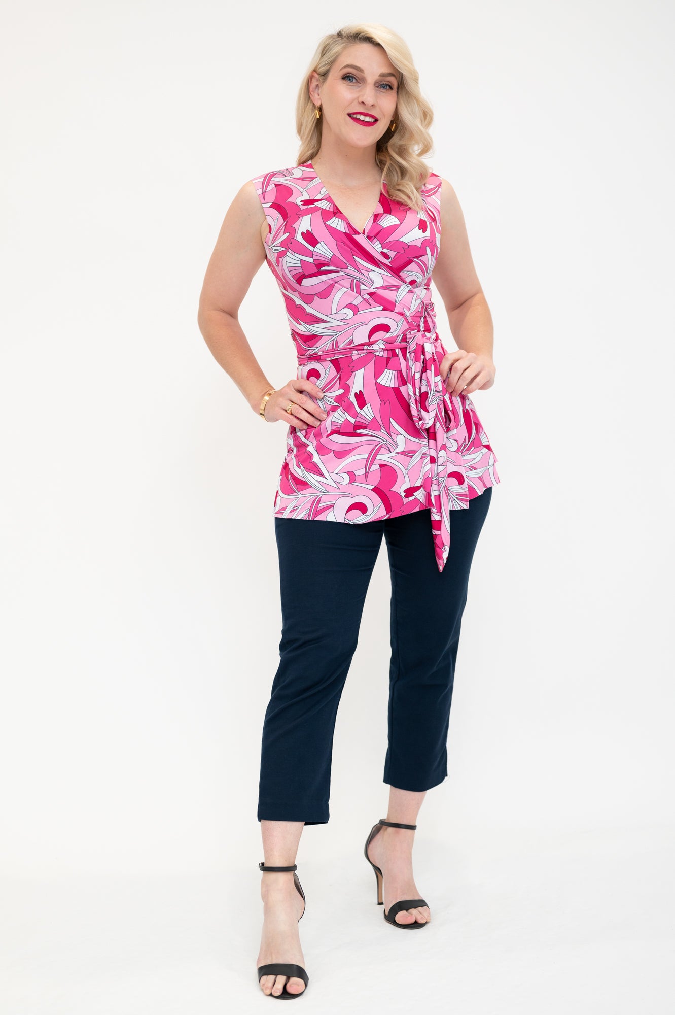 wrap top is pink retro print avaibale in plus size and regular sizes