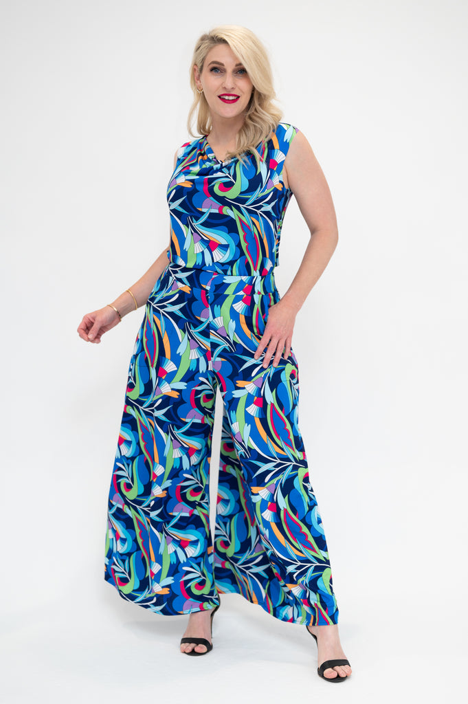 long palazzo pants in blue retro print  with matching cowl neck top 