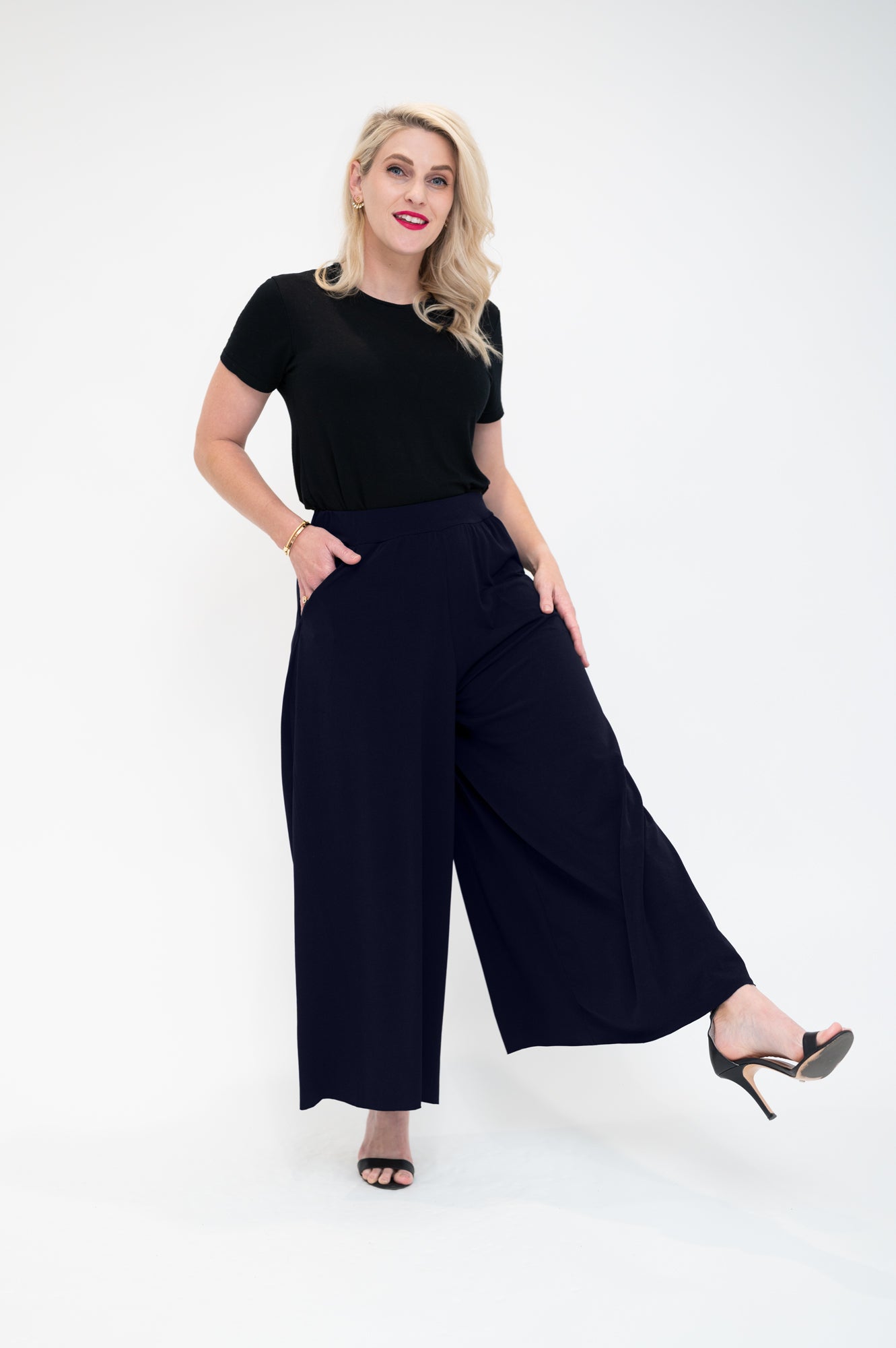 front Palazzo wide leg flare pants in a navy regular length available in Plus size pants kicking leg