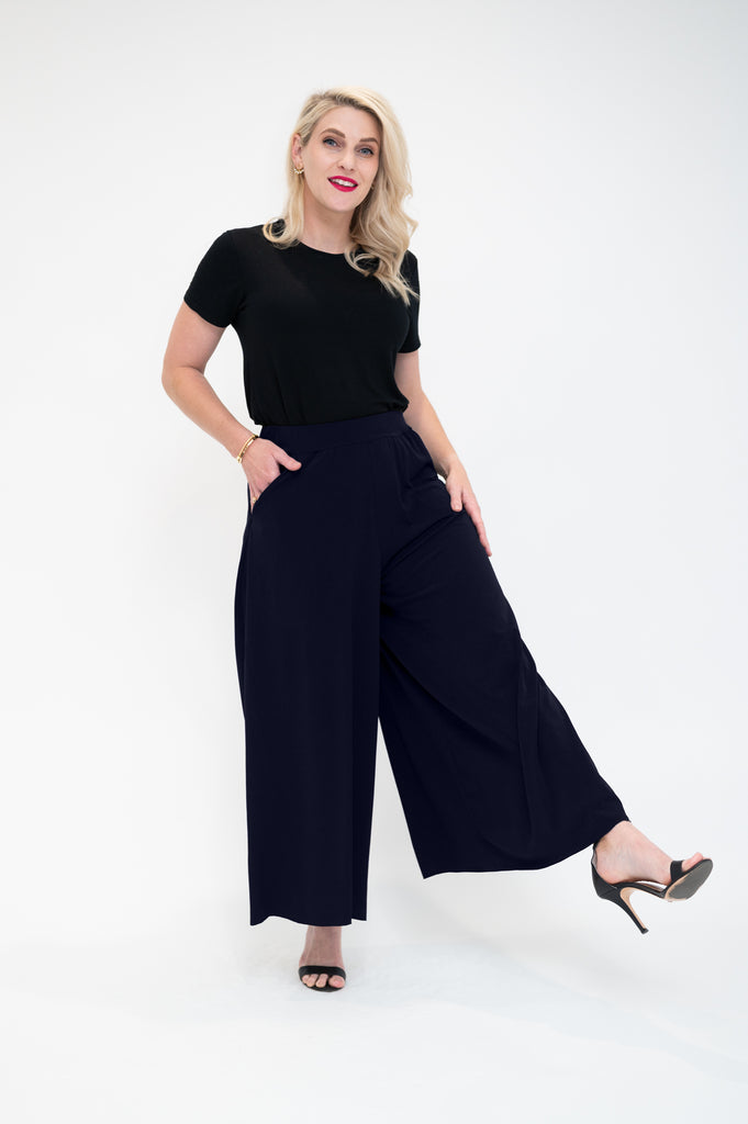 front Palazzo wide leg flare pants in a navy regular  length available in Plus size pants  kicking leg 