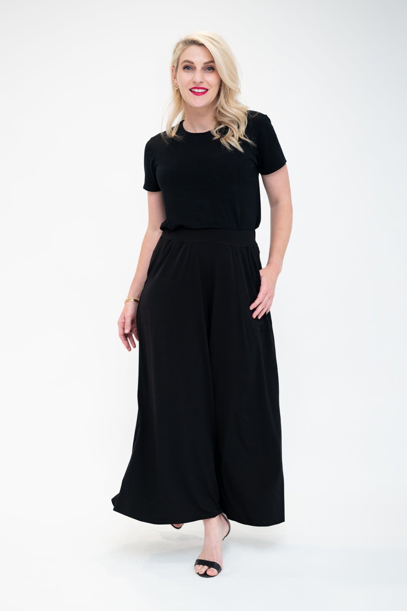 front Palazzo wide leg flare pants in a black long length available in Plus size pants