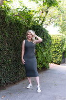 Sage green midi length body con dress