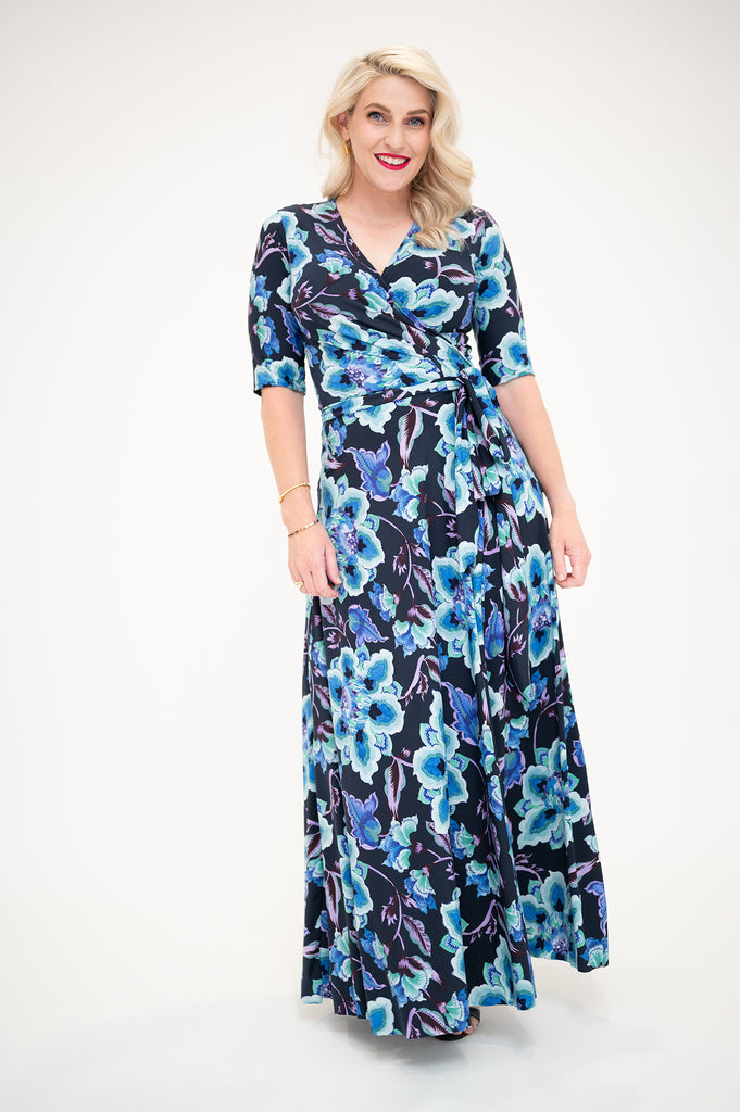 Wrap dress is available in regular and plus size dress options  in maxi 3/4 sleeve 
