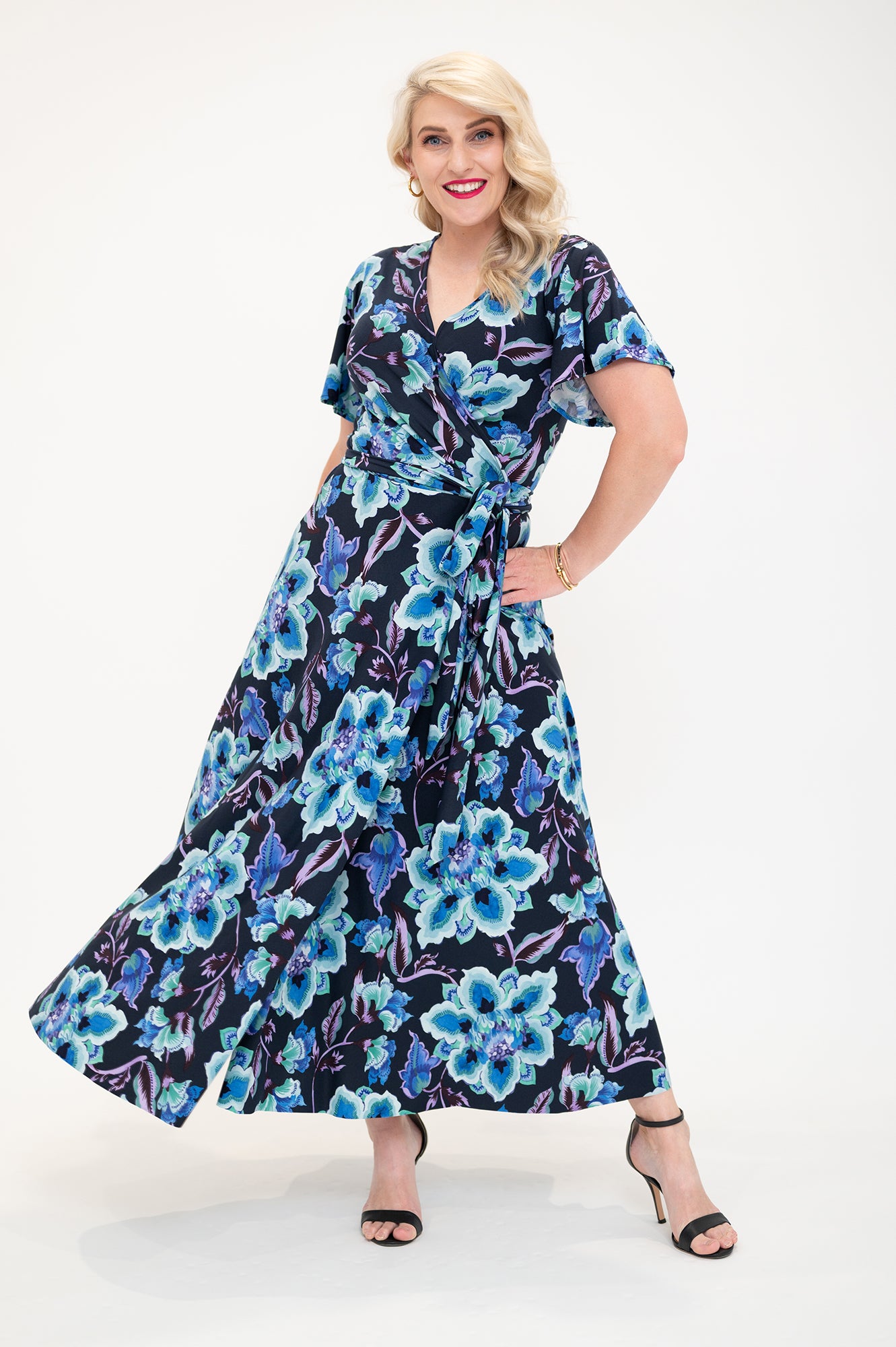 midi wrap dress in bebe pint Wrap dress is available in regular and plus size dress options