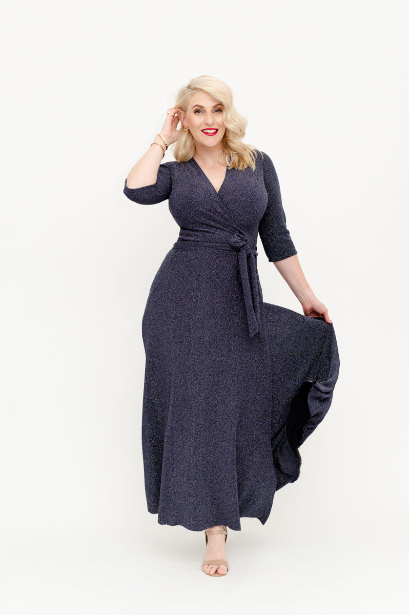 Sparkly wrap dress available in regular and plus size dress options