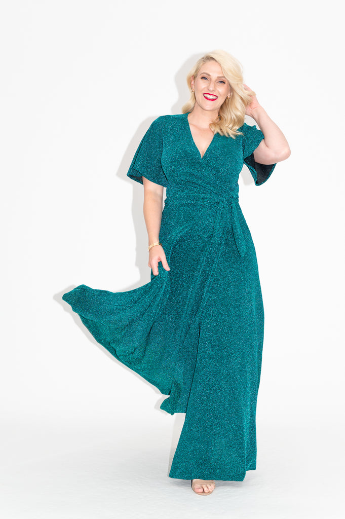 Sparkly Wrap dress in green with is available in regular and plus size dress options