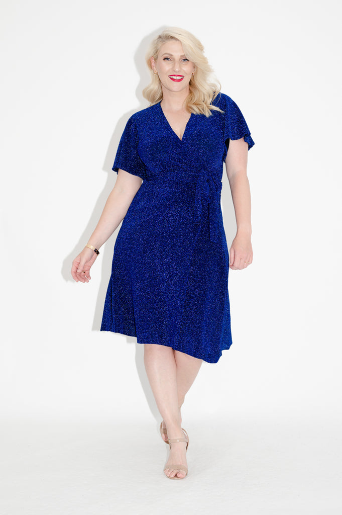 Sparkly Wrap dress in blue with is available in regular and plus size dress options