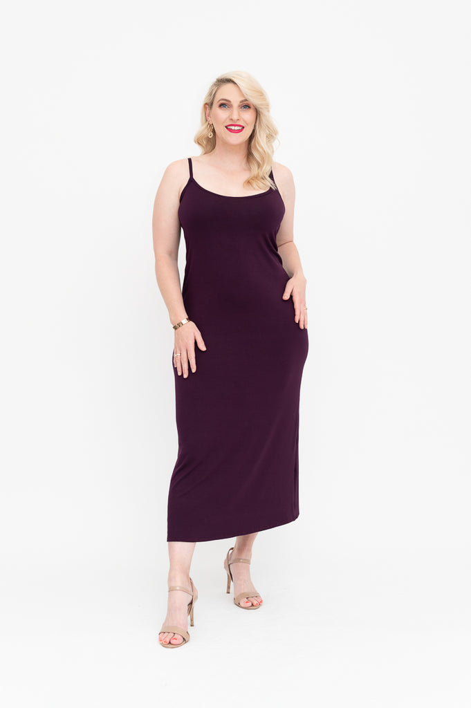 plum Slip  dress is available in regular and plus size dress options midi