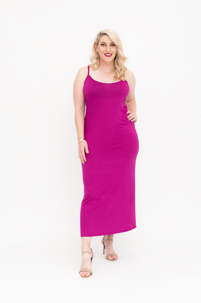 Slip  dress is available in regular and plus size dress options magenta version 