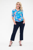 Cowl neck top is available in regular and plus size dress options this variant is a 3/4  sleeve front view
