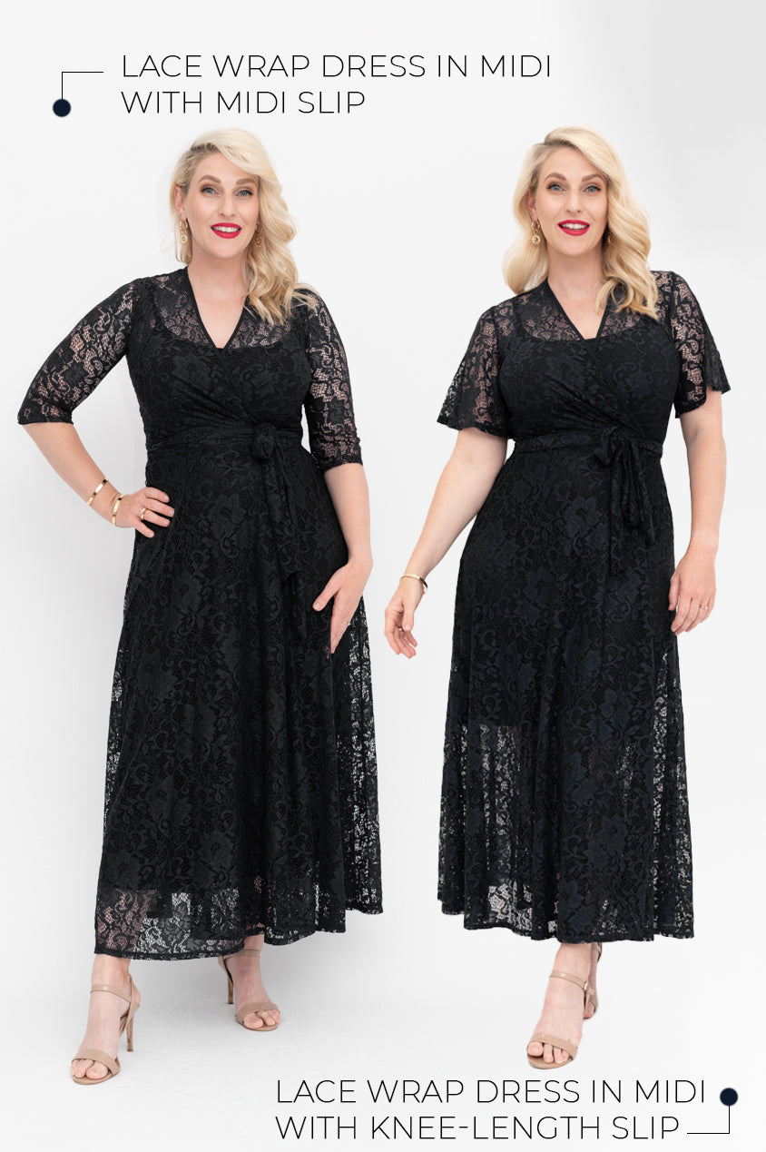 black lace cocktail wrap dress  midi
