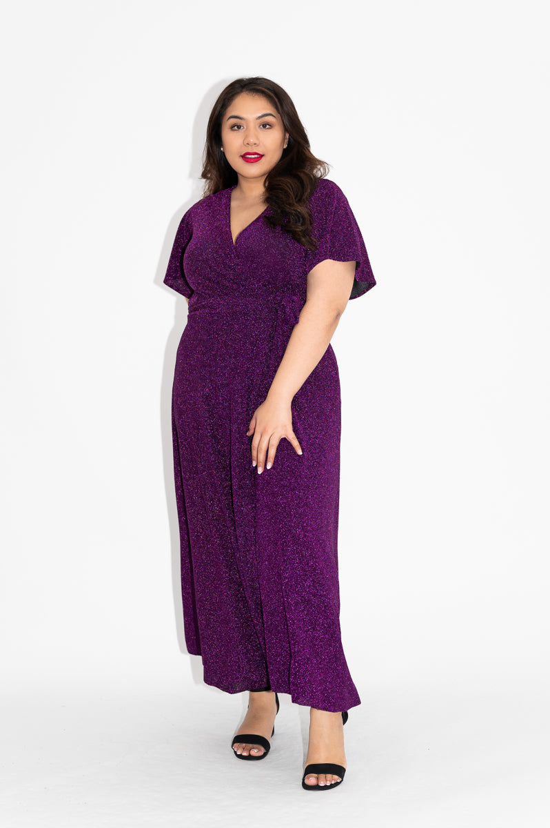 Wrap dress is available in regular and plus size dress options  metallic purple sparkly dress   maxi