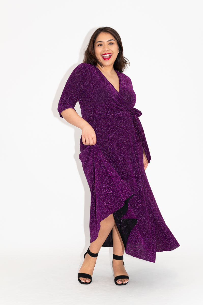 Wrap dress is available in regular and plus size dress options  metallic purple sparkly dress   2/3 sparkly