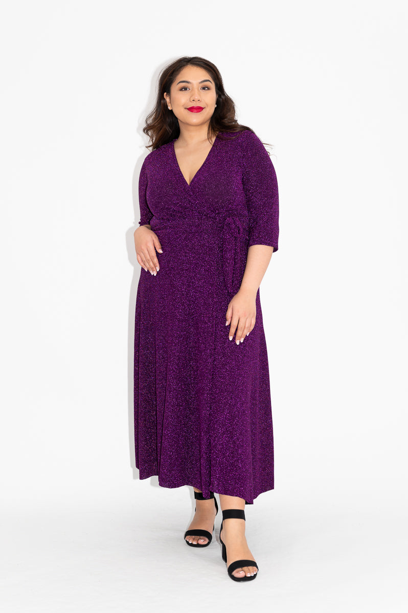 Wrap dress is available in regular and plus size dress options  sparkly wrap dress in midi with 3/4 sleeve  front
