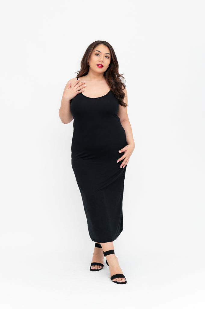 black midi Slip  dress is available in regular and plus size dress options