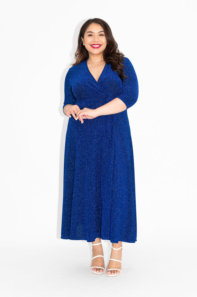 3/4 sleeve Sparkly Wrap dress in blue with is available in regular and plus size dress options