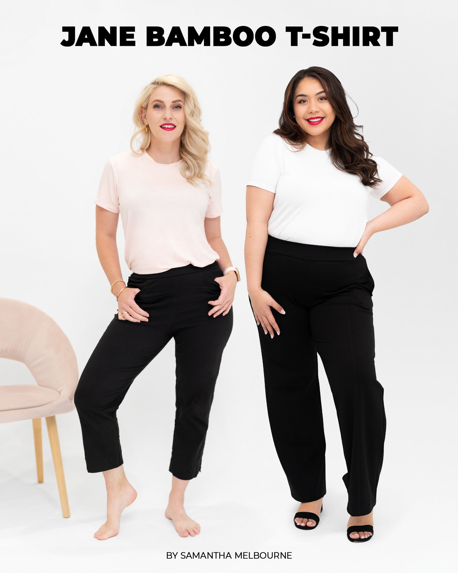 Two women wearing bamboo t-shirts in neutral tones from By Samantha Melbourne. Curve-friendly fit, short sleeves, crew neck.