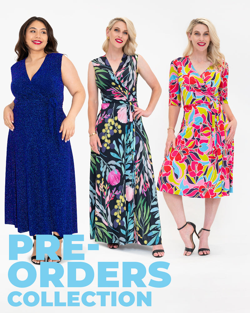 pre-orders collection cover photos. Three female models are wearing wrap dresses in midi, maxi and knee lengths