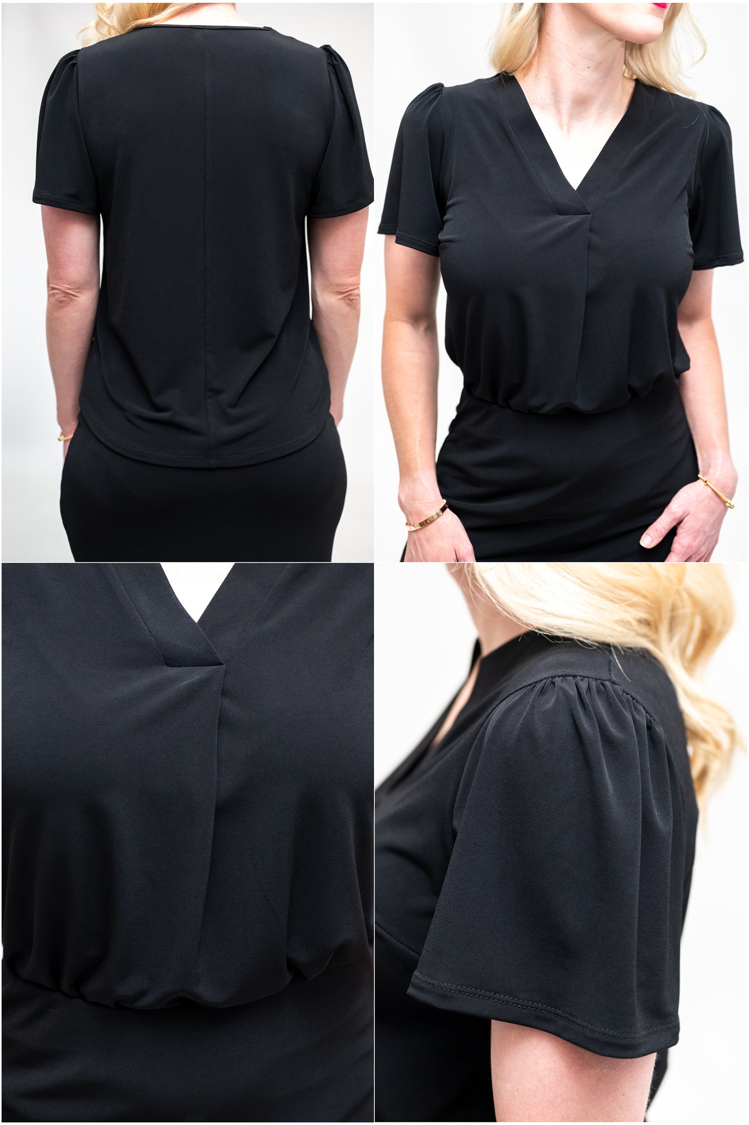 By Samantha Melbourne Officewear. Model wears Gina the V-neck blouse with flutter sleeve in black with Andy pencil skirt in knee-length in black. Closeup of the details of Gina v-neck blouse, 4 photos: top left - back with the centre seam, top right - closeup of the blouse, bottom left - detail of the centre pleat at the blouse, bottom right - sleeve