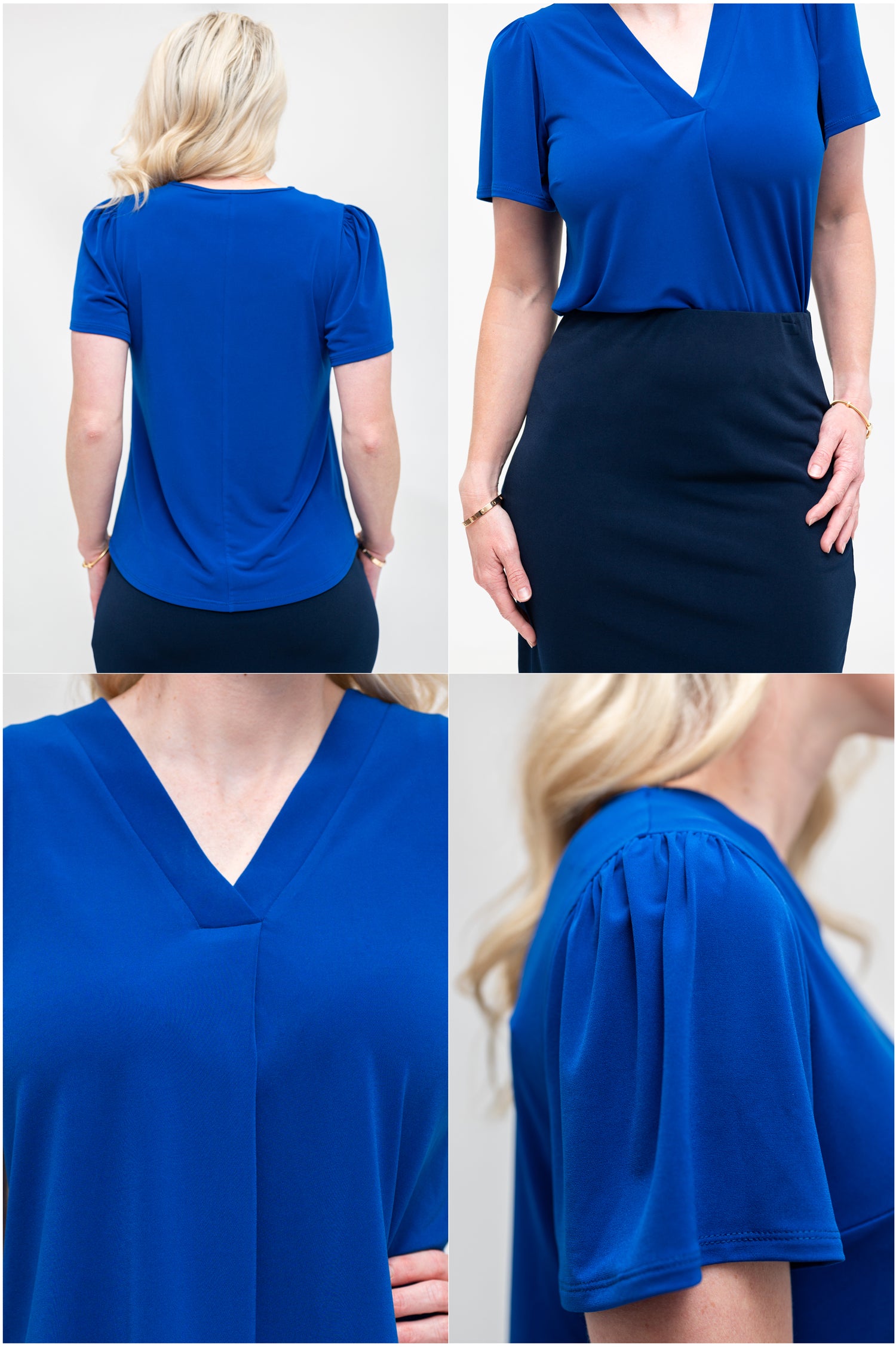 By Samantha Melbourne Officewear. Model wears Gina the V-neck blouse with flutter sleeve in cobalt blue with Andy pencil skirt in knee-length in navy. Closeup of the details of Gina v-neck blouse, 4 photos: top left - back with the centre seam, top right - closeup of the blouse, bottom left - detail of the centre pleat at the blouse, bottom right - sleeve