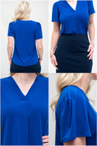 By Samantha Melbourne Officewear. Model wears Gina the V-neck blouse with flutter sleeve in cobalt blue with Andy pencil skirt in knee-length in navy. Closeup of the details of Gina v-neck blouse, 4 photos: top left - back with the centre seam, top right - closeup of the blouse, bottom left - detail of the centre pleat at the blouse, bottom right - sleeve