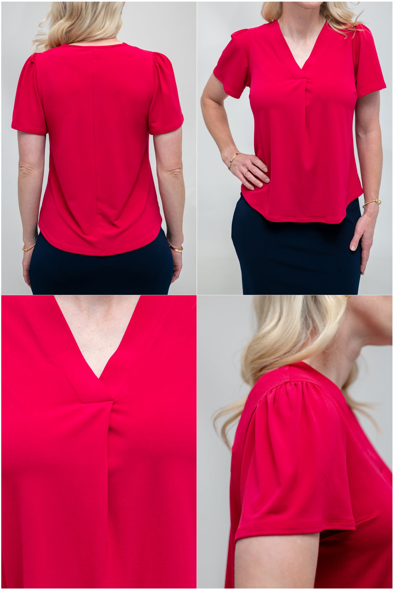By Samantha Melbourne Officewear. Model wears Gina the V-neck blouse with flutter sleeve in granita raspberry red colour with Andy pencil skirt in knee-length in navy. Closeup of the details of Gina v-neck blouse, 4 photos: top left - back with the centre seam, top right - closeup of the blouse, bottom left - detail of the centre pleat at the blouse, bottom right - sleeve