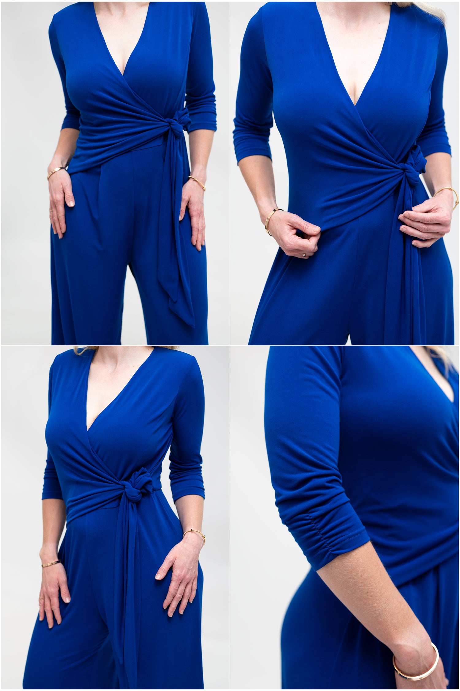 Female model in cobalt blue wrap jumpsuit. Collage of closeups photos of the front, wrap details, sleeves