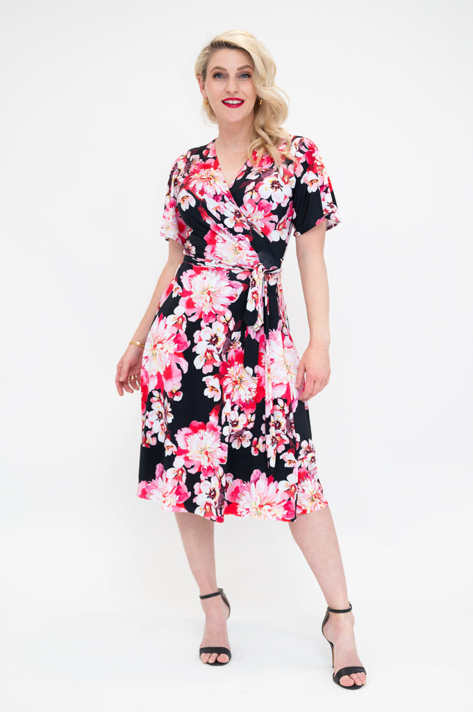 wrap dress in knee length   with Flutter  sleeve 