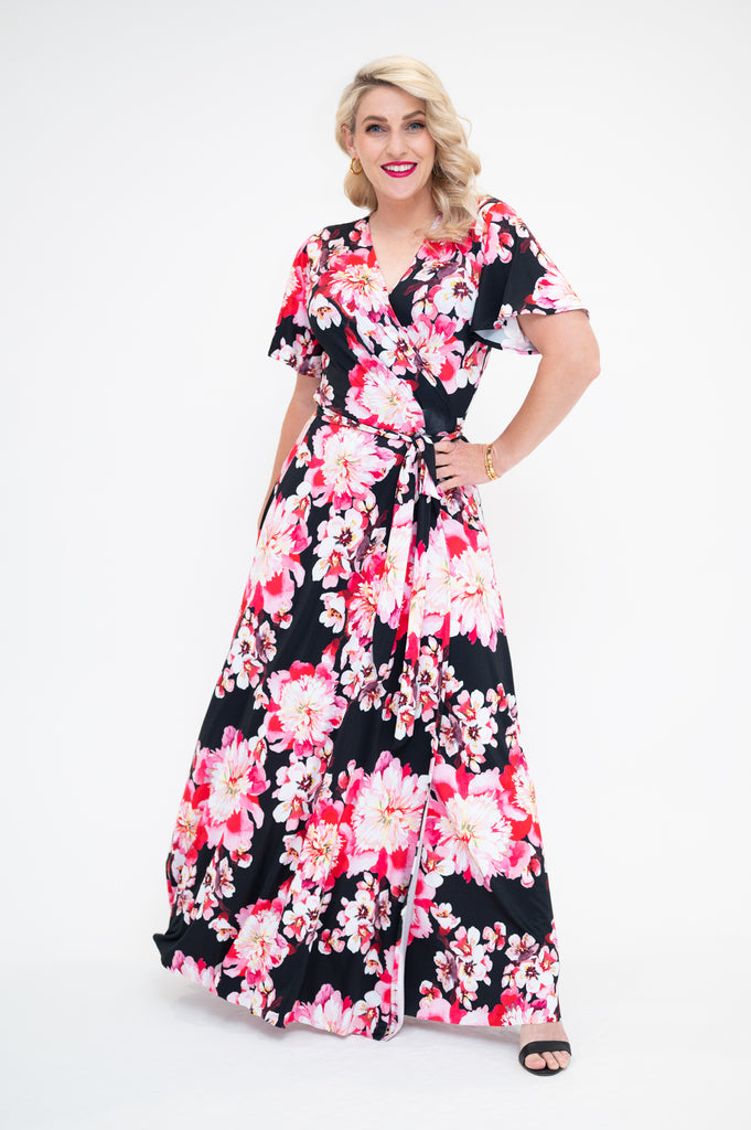 wrap dress in maxi with flutter sleeve 