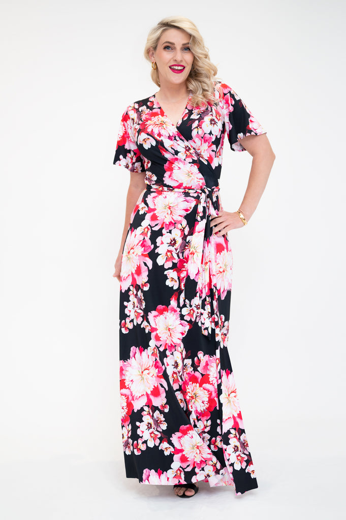 wrap dress in maxi with flutter sleeve  front 