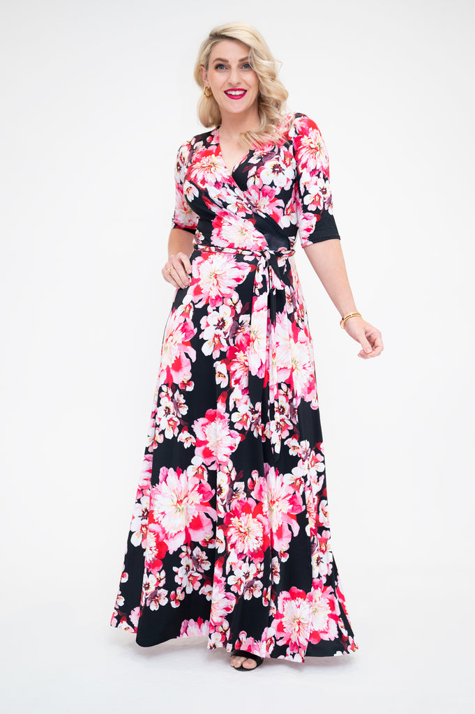 wrap dress in maxi with 3/4  sleeve front 