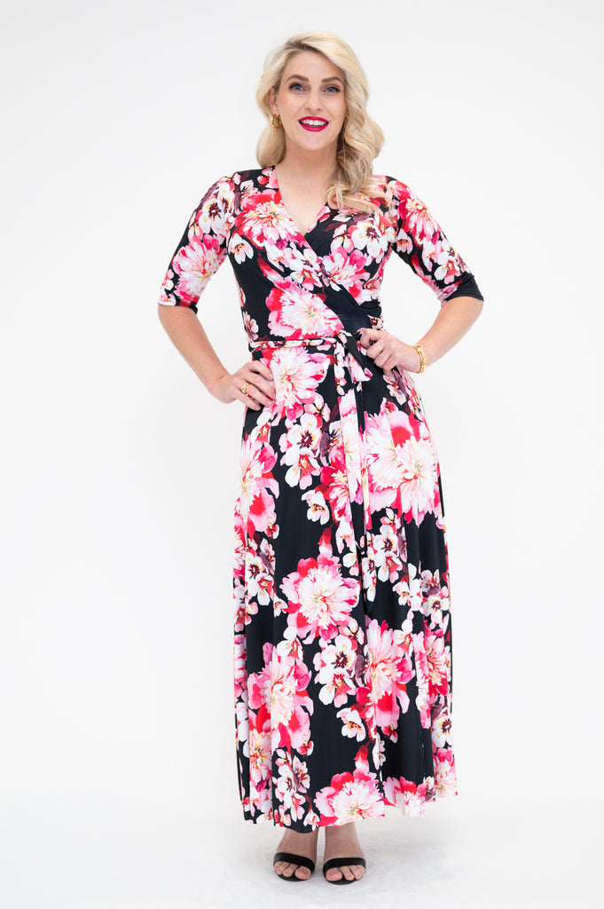 wrap dress in midi  with 3/4  sleeve  front 