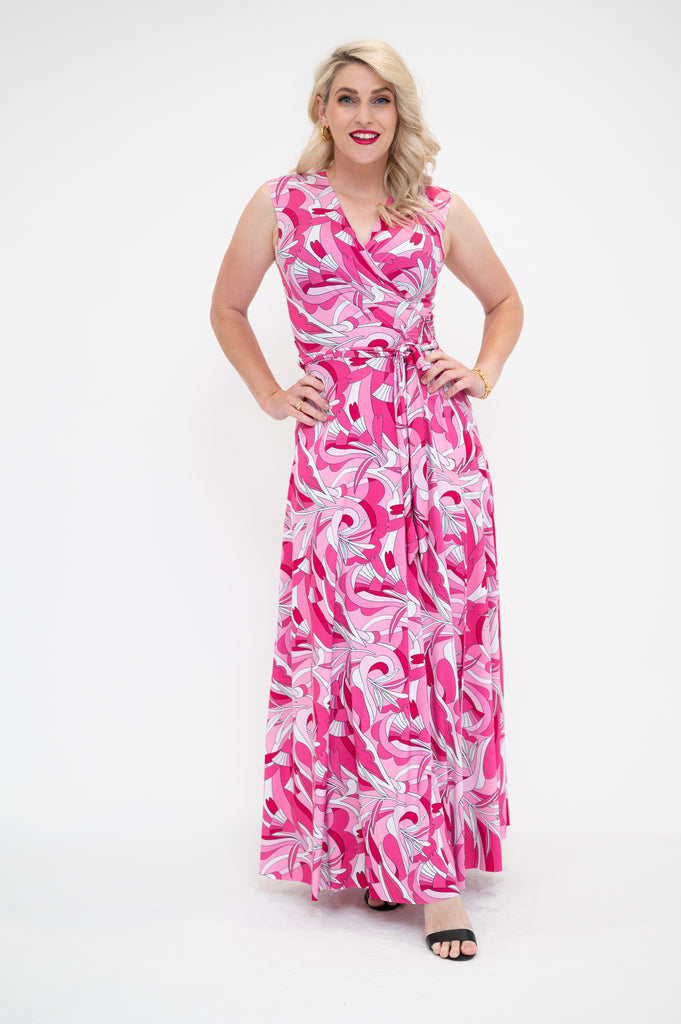 maxi wrap dress with no sleeves  pink 