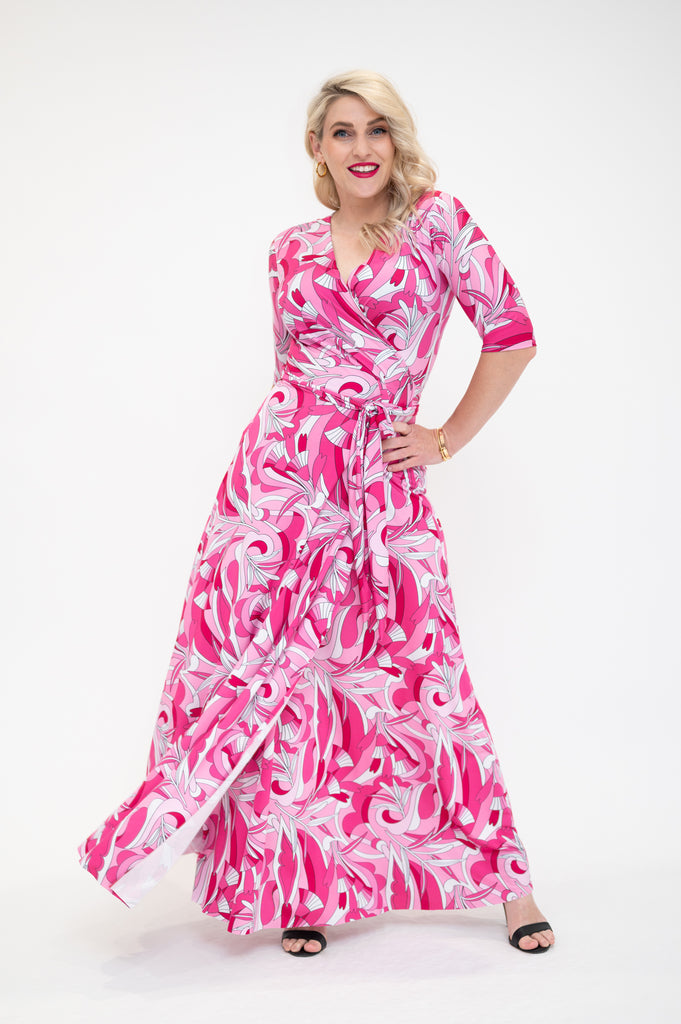 maxi wrap dress with 3/4 sleeves  pink 