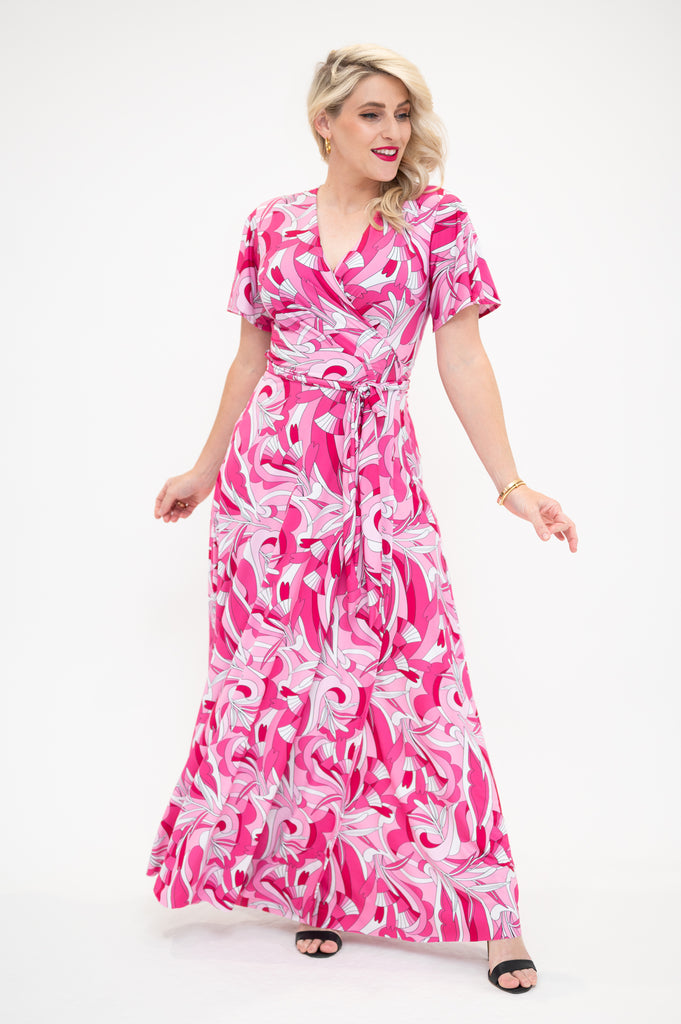 maxi wrap dress with flutter sleeves  pink 