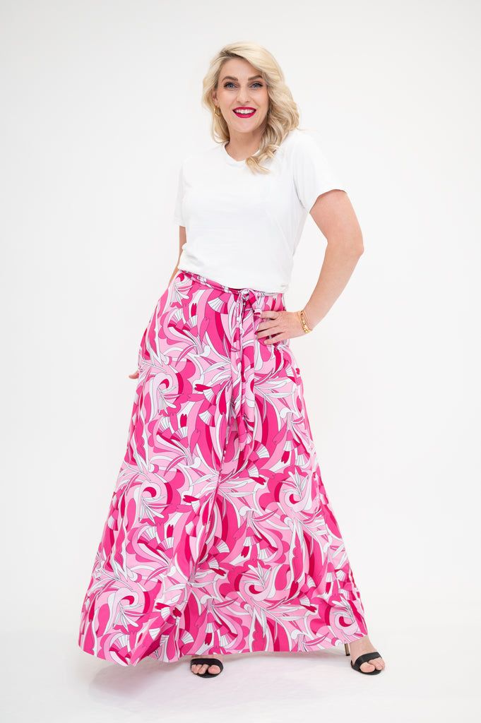 maxi wrap skirt in pink retro floral 