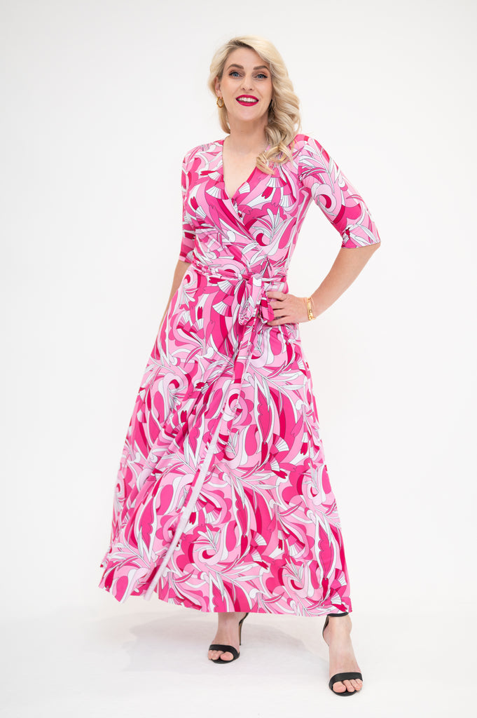 midi wrap dress with 3/4  sleeves  pink 