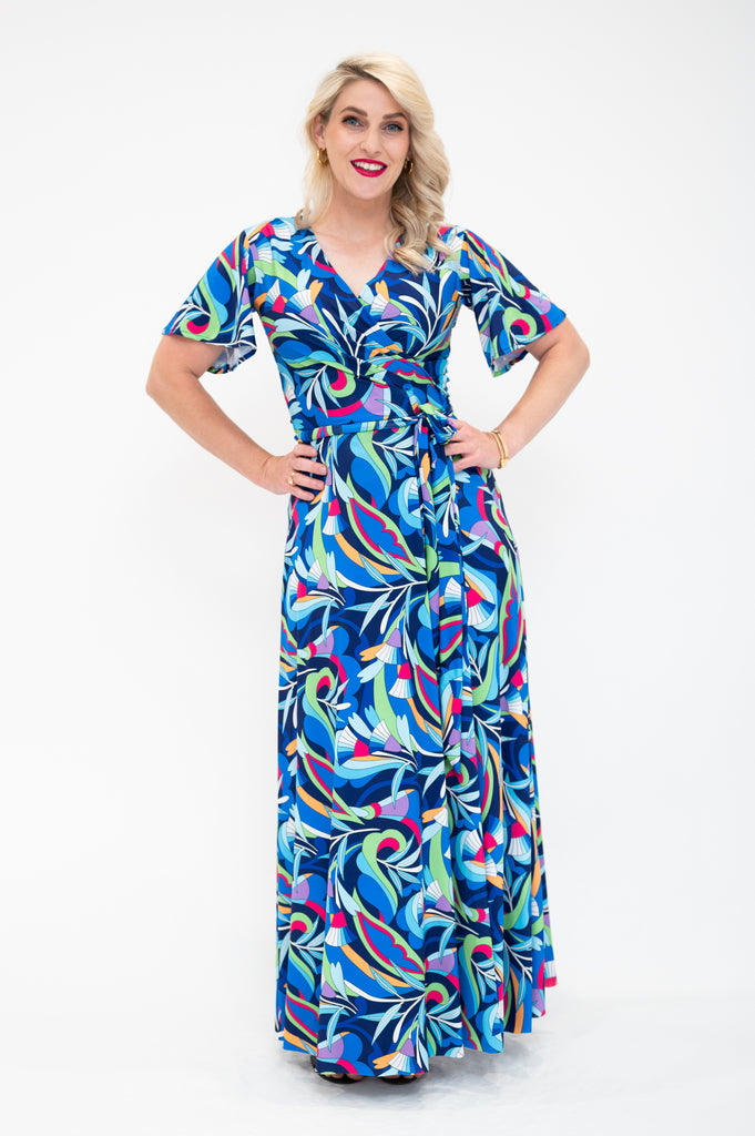 front view maxi wrap dress with flutter sleeves  blue 