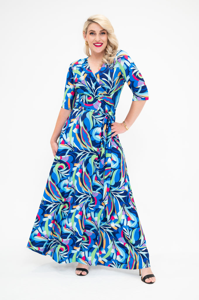 maxi wrap dress with flutter sleeves  blue print  