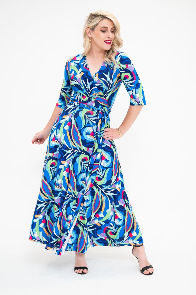 midi wrap dress with 3/4 sleeves  blue 