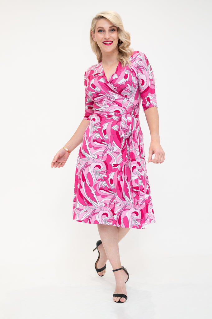 knee length  wrap dress with 3/4 sleeves  pink 
