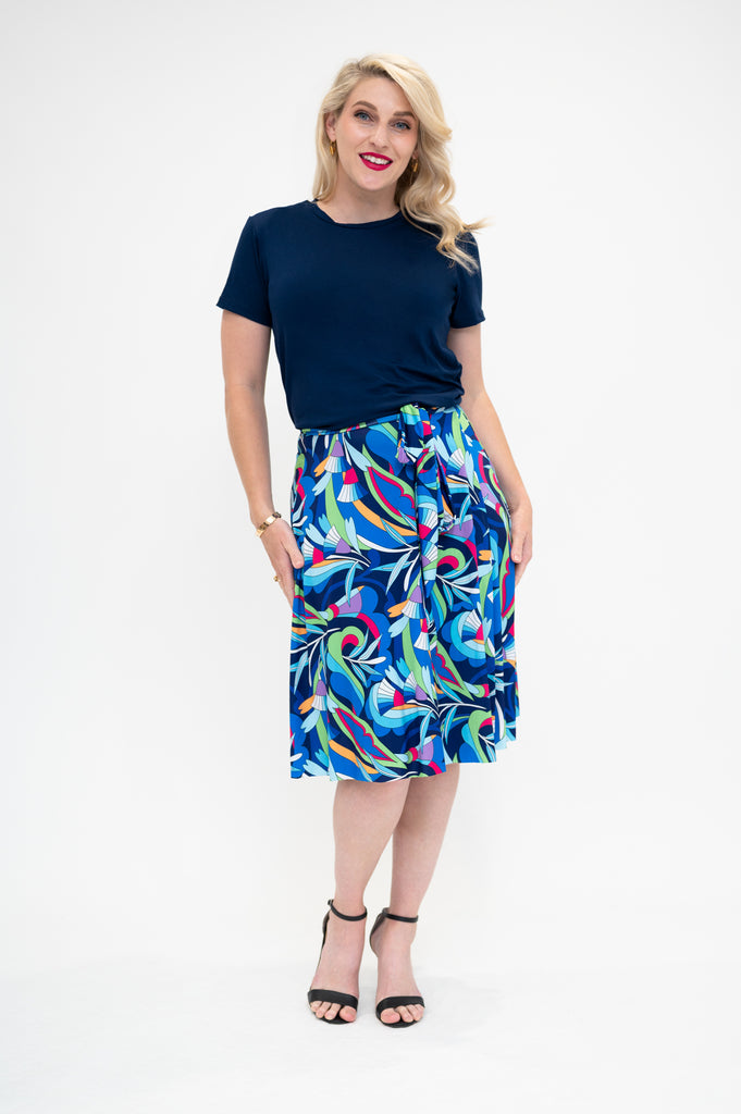 knee length  wrap skirt with a navy T-shirt avaibale in regular in plus sizes 